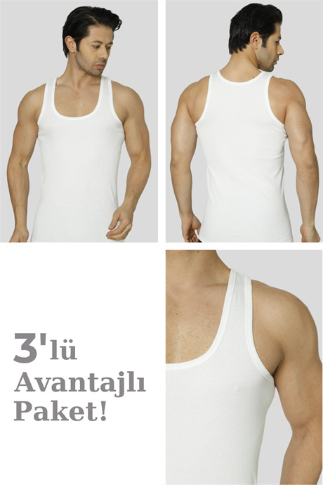 Erkek Beyaz Fitilli Kaşkorse Atlet 3'lü Paket Likralı