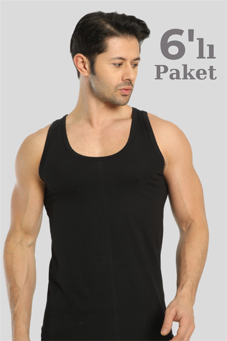 6'lı Paket Siyah Erkek Atlet %100 Pamuk Penye