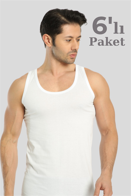 6'lı Paket Beyaz Erkek Atlet %100 Pamuk Penye