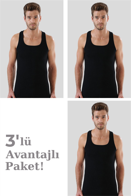 Erkek Siyah Ribana Atlet 3'lü Paket %100 Pamuklu