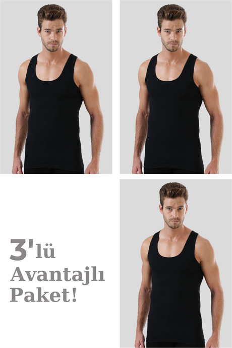 Erkek Siyah Penye Atlet %100 Pamuk 3'lü Paket
