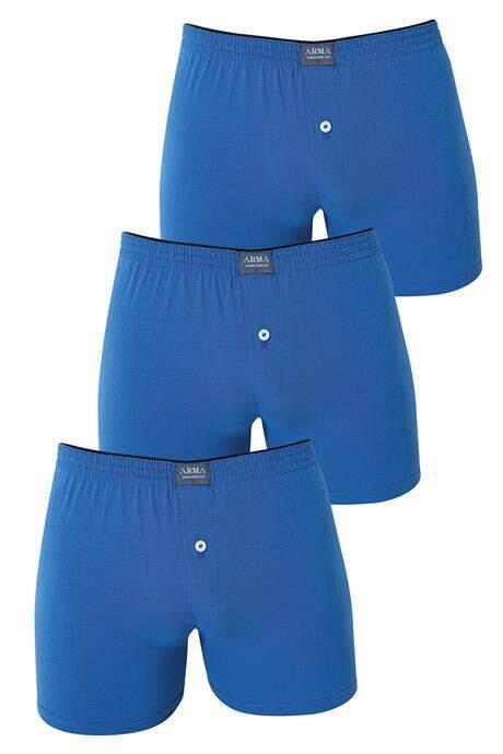 Erkek Mavi Düğmeli Boxer 3'lü Paket %100 Pamuklu Penye