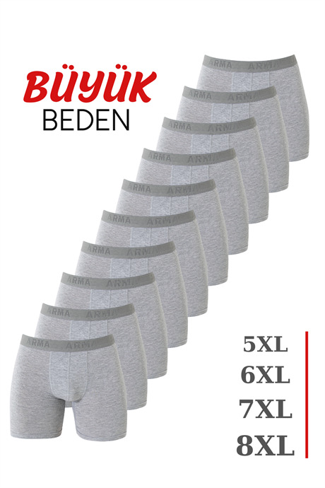 Gri 10'lu Paket Büyük Beden Erkek Boxer Pamuklu Likralı