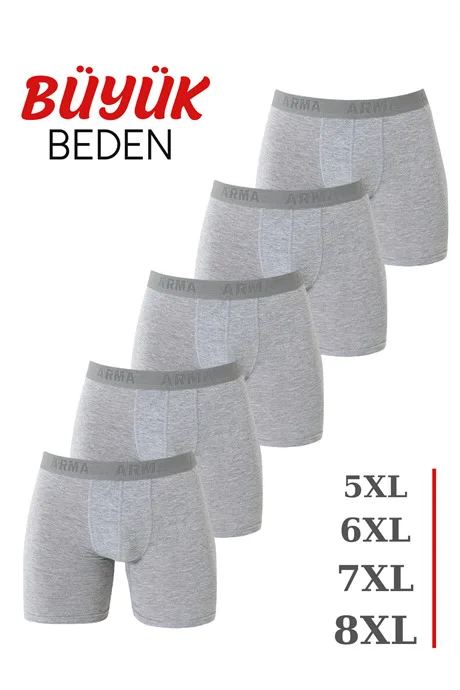 5'li Paket Erkek Büyük Beden Boxer Pamuklu Likralı – Gri