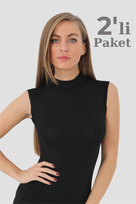 2 Adet Siyah Bambu Kadın Balıkçı Yaka Sıfır Kol Body Boğazlı Kolsuz Badi