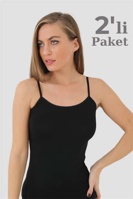Kadın 2'li Paket Siyah Bambu İp Askılı Atlet