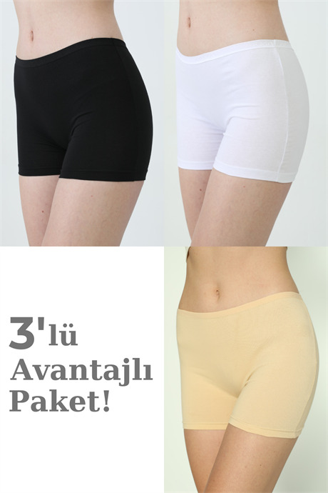 3'lü Paket Kadın Karışık Renkli Boxer Şort Pamuklu Likralı