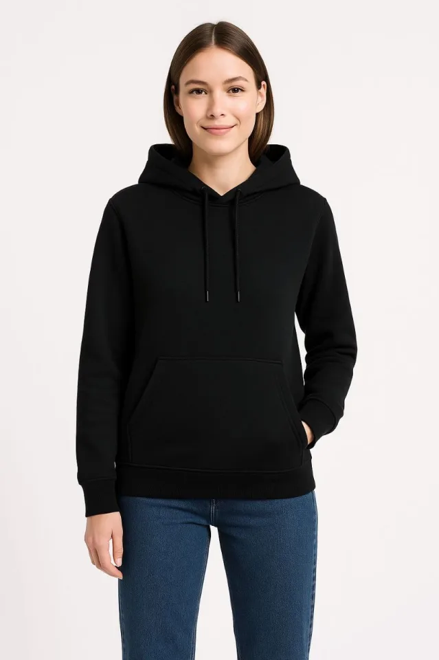 Üç İplik Kapüşonlu Kanguru Çepli SweatShirt Hoodie – Siyah