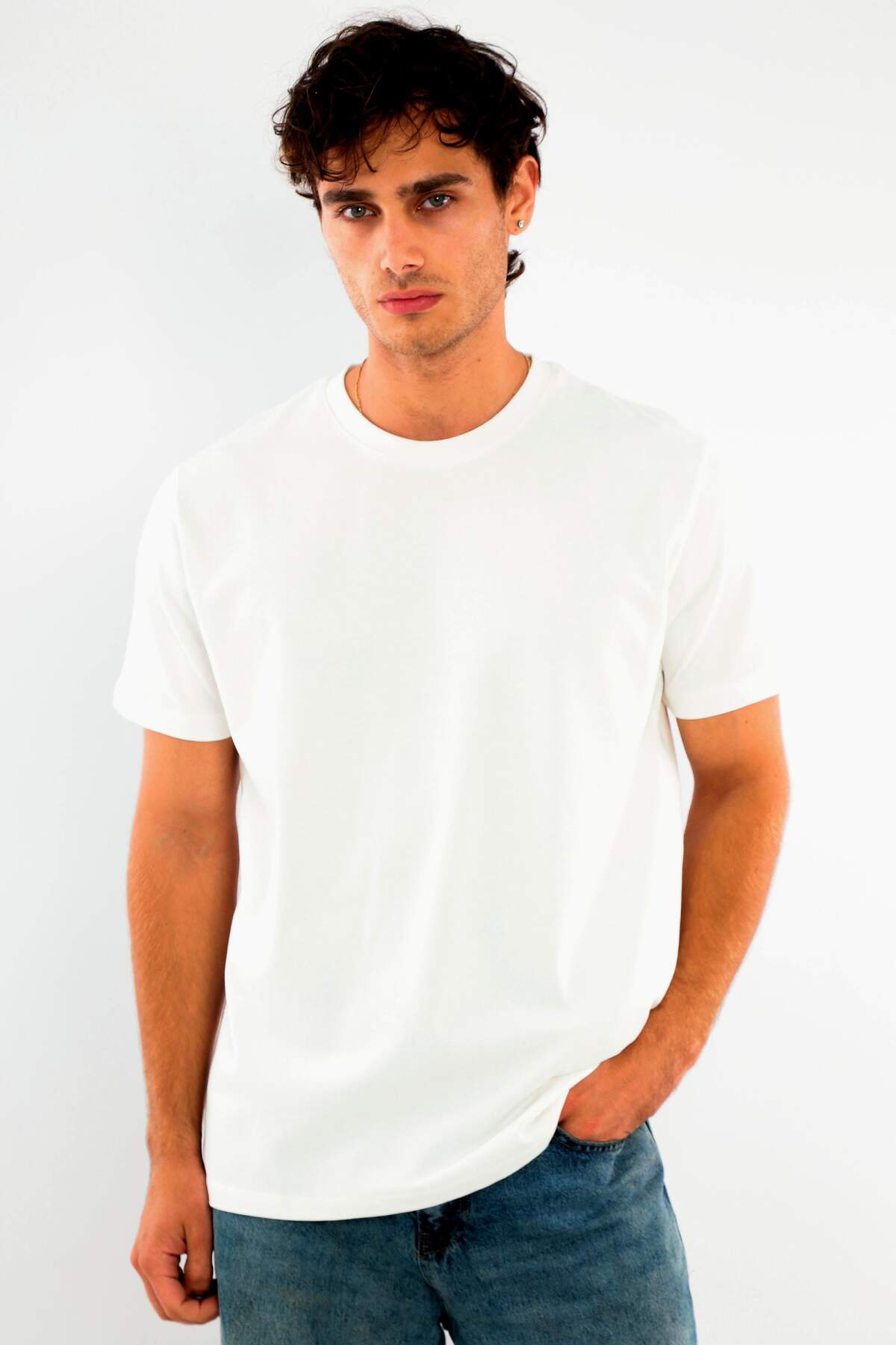 Angelino Erkek Bisiklet Yaka %100 Pamuk Beyaz T-Shirt