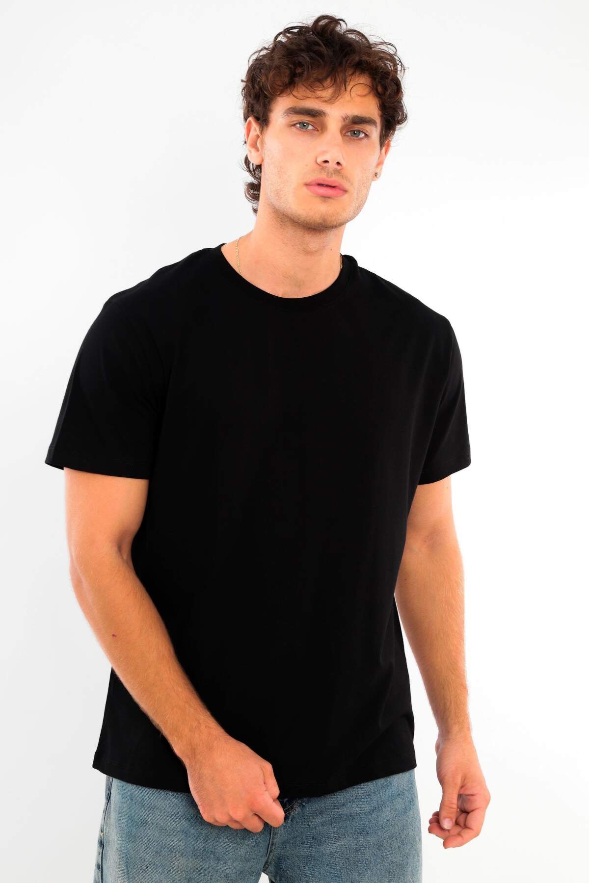 Angelino Erkek Bisiklet Yaka %100 Pamuk Siyah T-Shirt