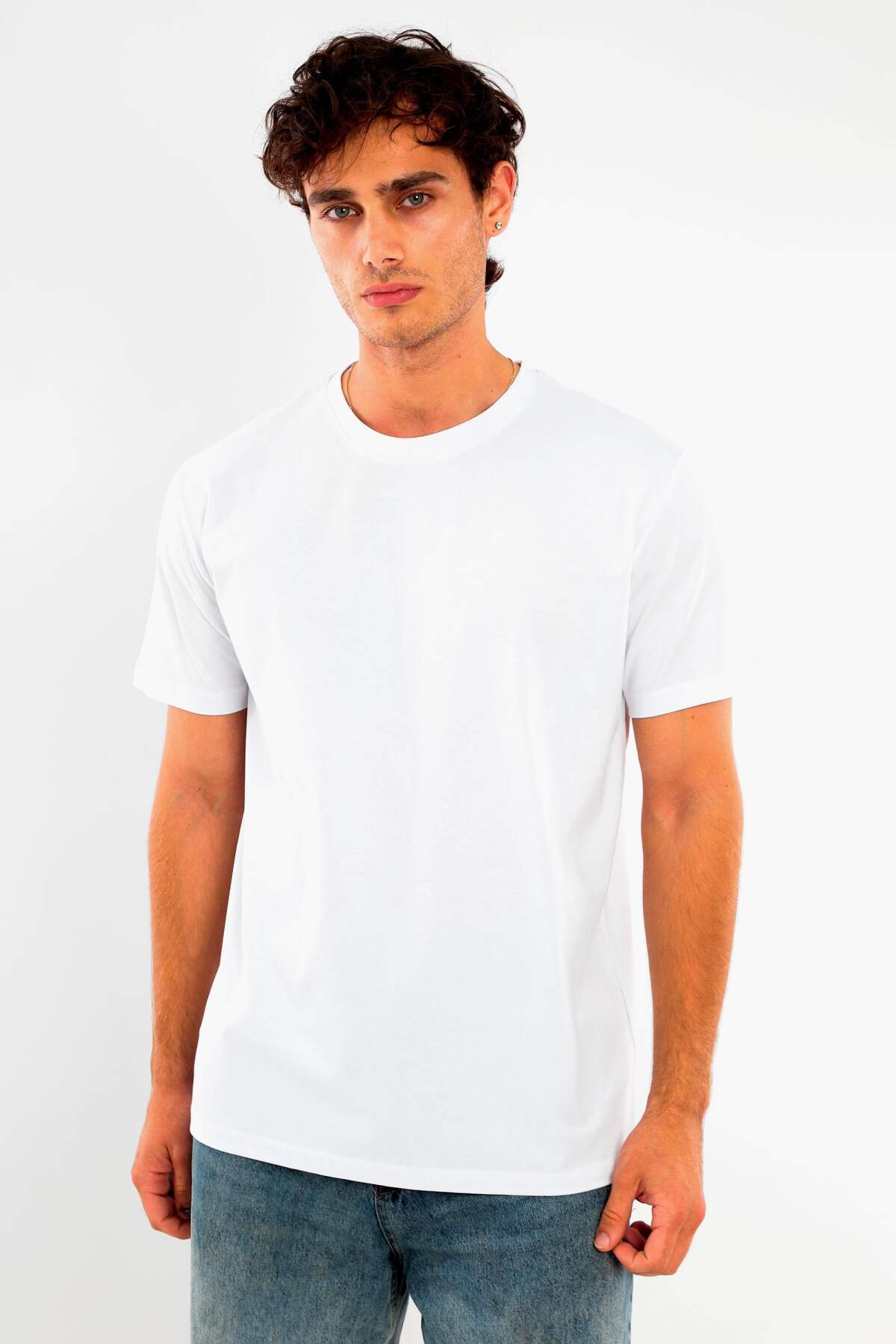 Angelino Erkek Bisiklet Yaka %100 Pamuk Kalın Dokulu Ekru T-Shirt