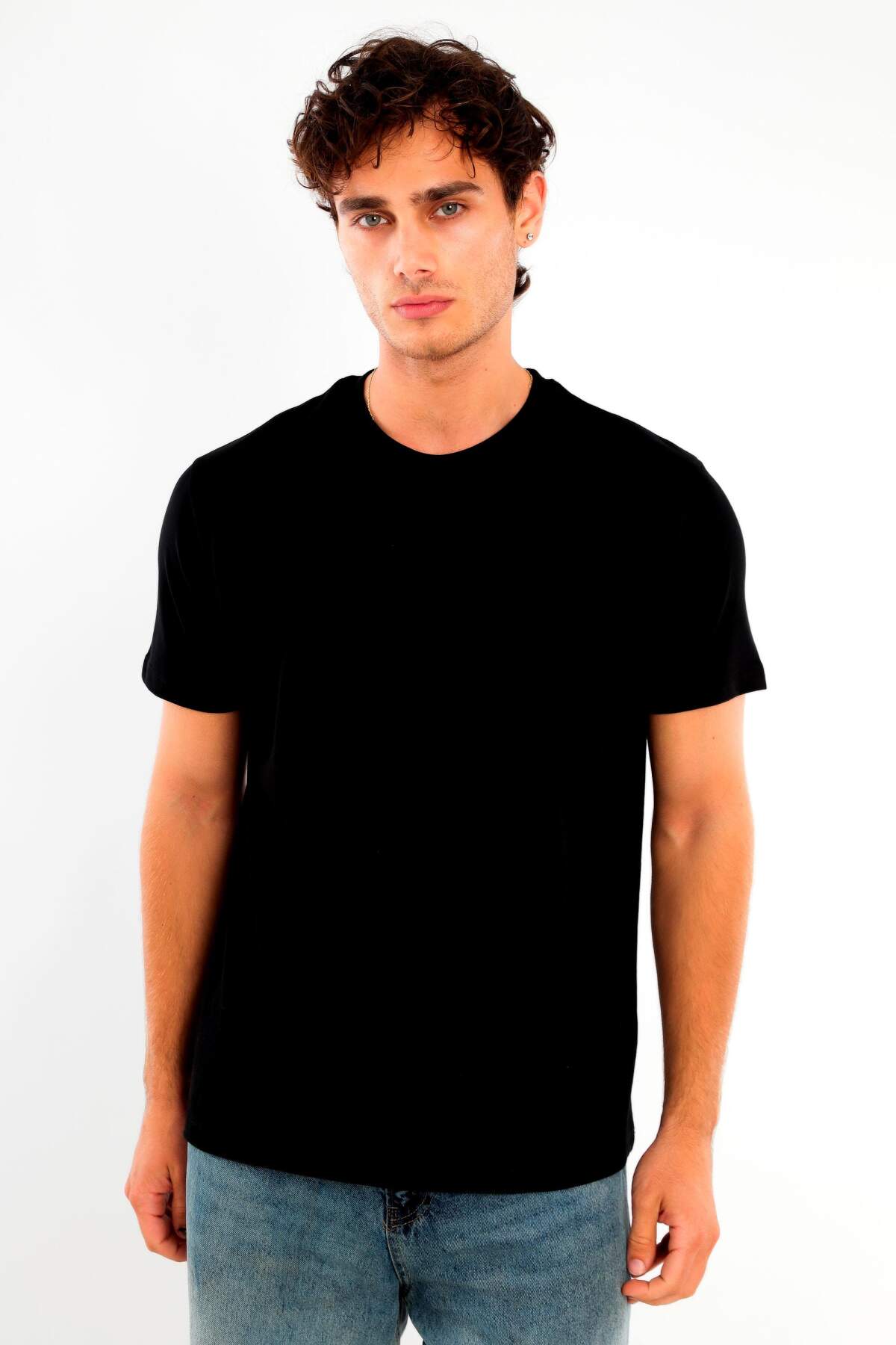 Angelino Erkek Bisiklet Yaka %100 Pamuk Kalın Dokulu Siyah T-Shirt