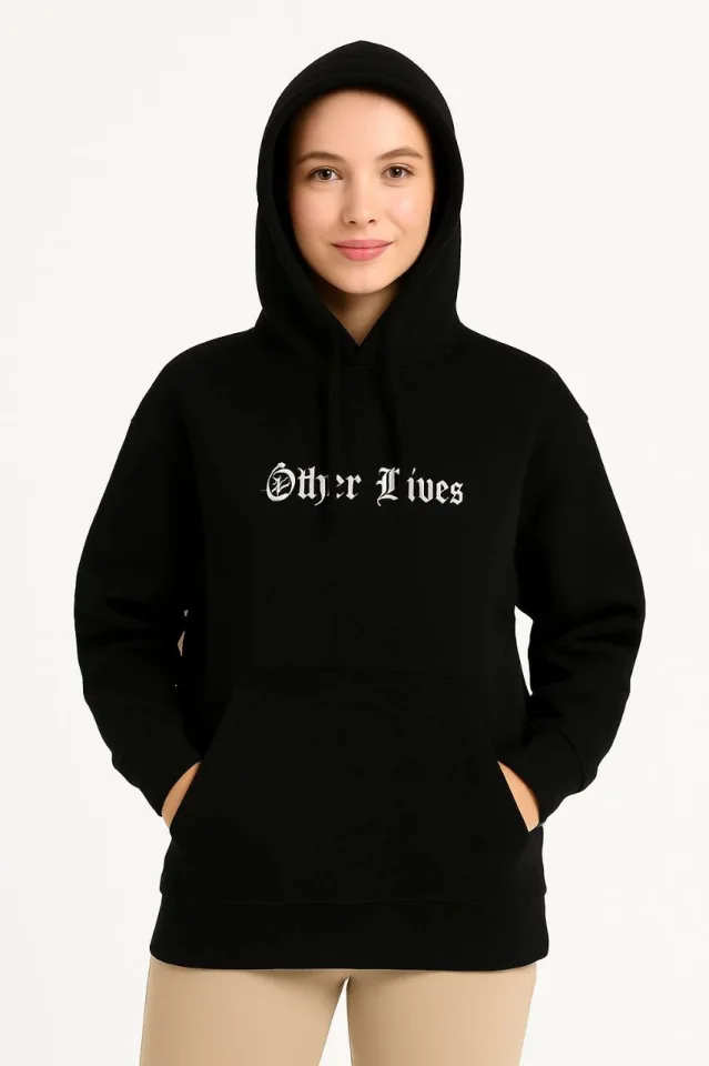Üç İplik Kapşonlu ön Ve Arka Baskılı SweatShirt Hoodie – Siyah