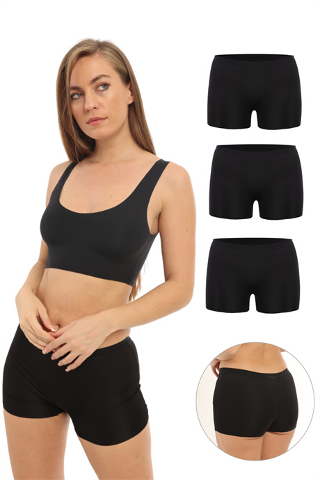 Basic Lazer Kesim Dikişsiz Kadın Boxer Külot 3'lü Paket Siyah
