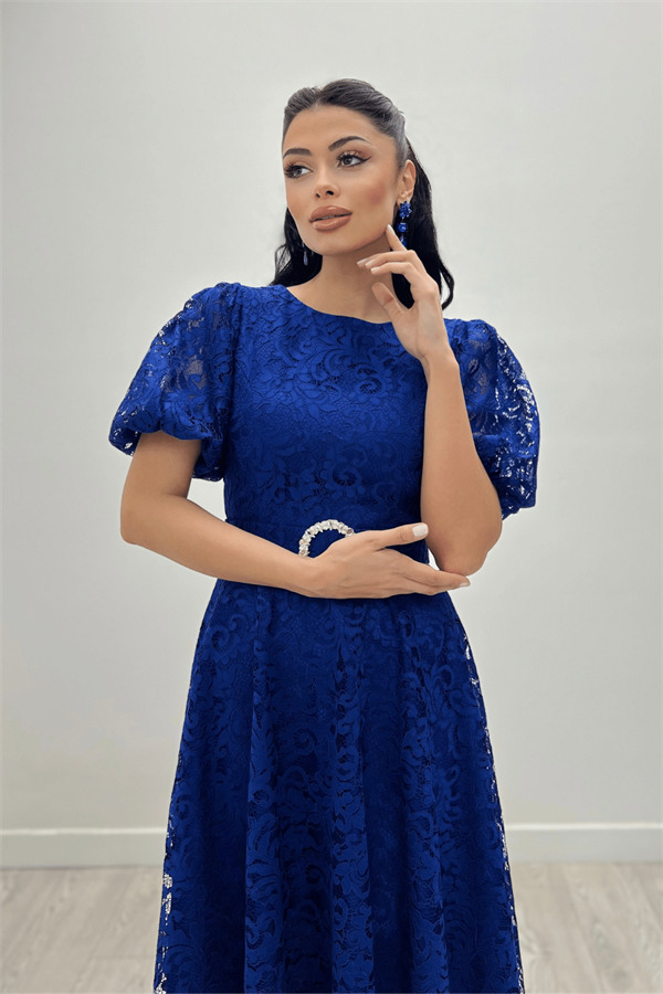 Dantel Kumaş Kolları Balon Kol Maxi Elbise - SAKS MAVİ