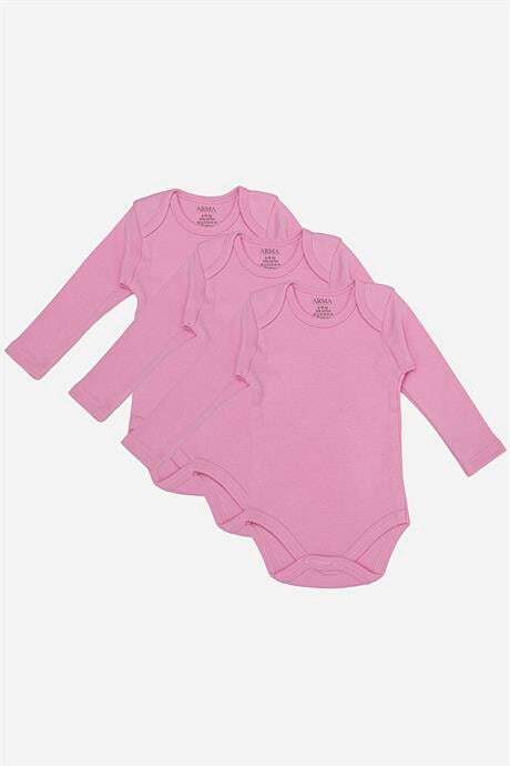 %100 Organik Pamuk 3'lü Pembe Uzun Kollu Bebek Çıtçıtlı Zıbın Body