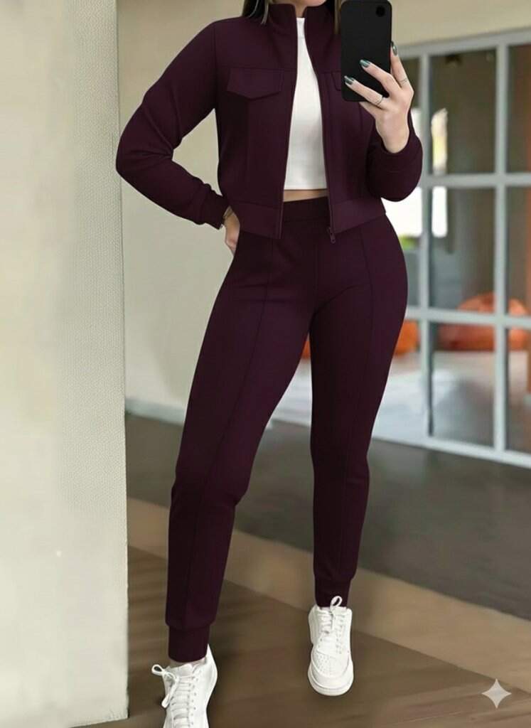 Kadın Uzun Kollu Önden Fermuarlı Kısa Modal Mor Ceket Ve Pantolon İkili Takım