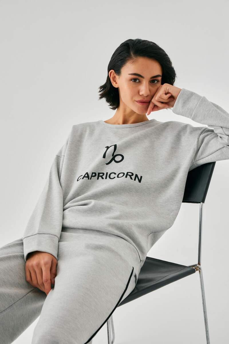 Kadın Gri Oğlak Burcu Oversize 2 İplik Eşofman Ev Giyim Takımı