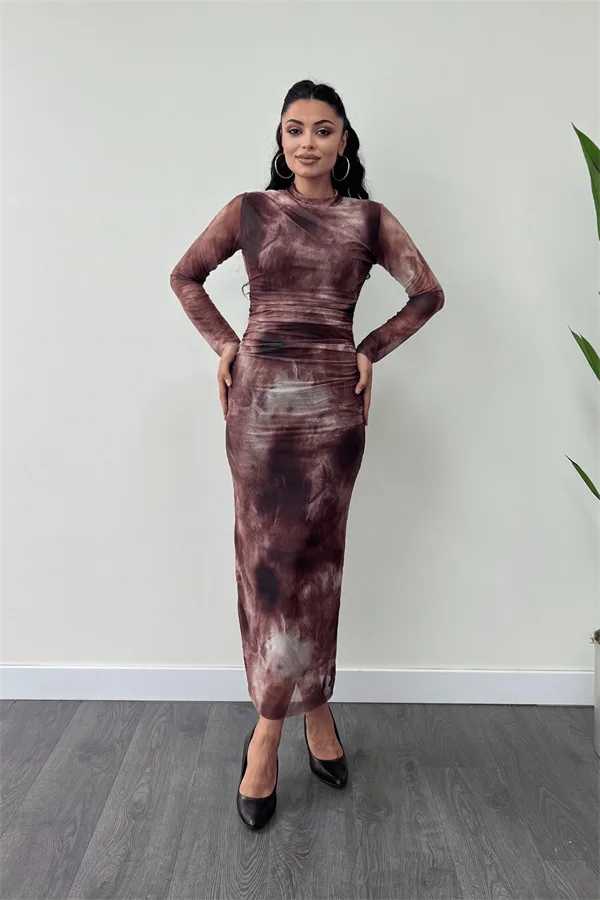 Tül Kumaş Drape Detaylı Kalem Elbise - BORDO