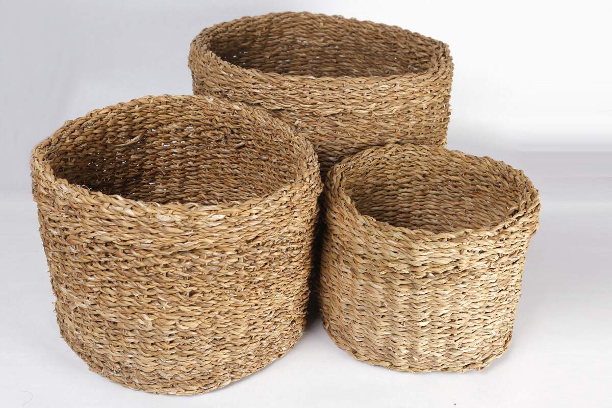Natura Dekoratif Natural Renk Yuvarlak Seagrass Kare Hasır Sepet 3'lü Set