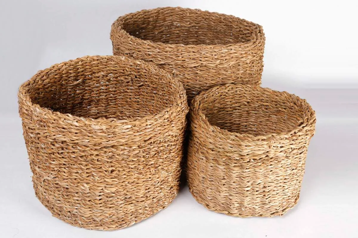 Natura Dekoratif Natural Renk Yuvarlak Seagrass Kare Hasır Sepet 3'lü Set