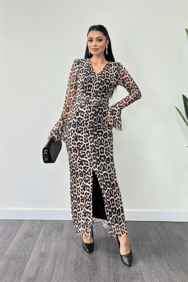 Tül Desenli Kumaş Kolları Volan Detaylı Kalem Elbise - LEOPAR