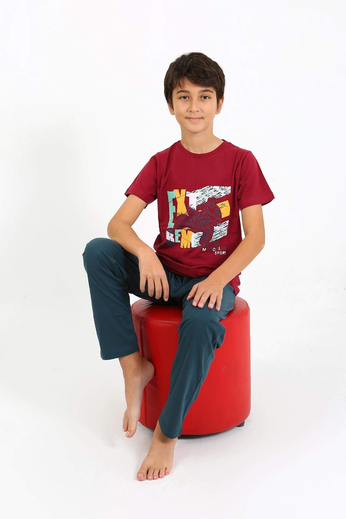 Erkek Çocuk Kısa Kol Penye Pijama Takım 20758 Bordo