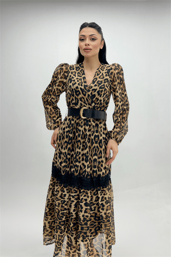 Şifon Kumaş Leopar Desenli Midi Elbise - LEOPAR