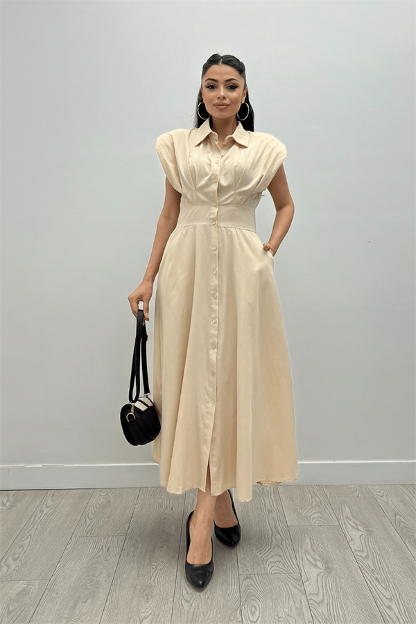 Poplin Kumaş Düğme Detaylı Elbise - KREM