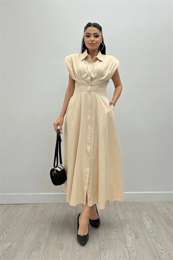 Poplin Kumaş Düğme Detaylı Elbise - KREM