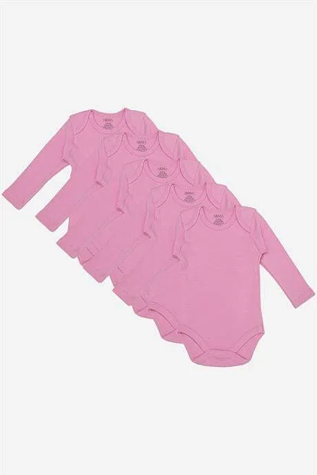 %100 Organik Pamuklu Uzun Kollu Bebek Body 5'li Paket – Pembe