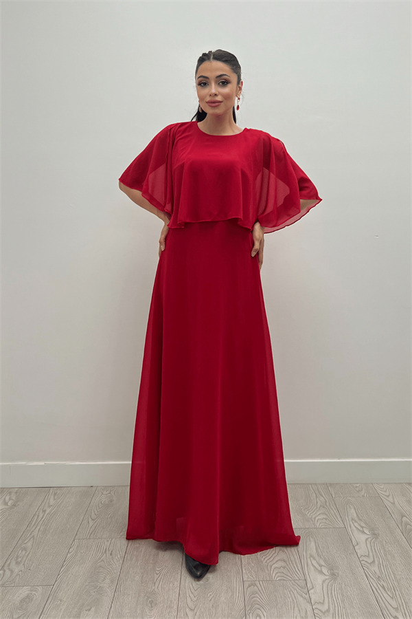 Şifon Kumaş Bolero Detaylı Elbise - KIRMIZI
