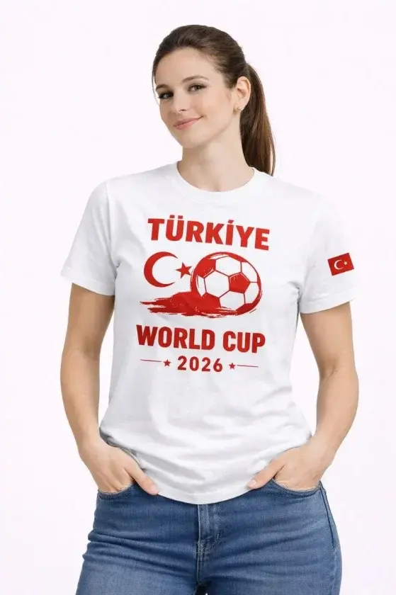 Türkiye Dünya Kupası 2026 Baskılı Tişört Futbol Temalı Forma T-Shirt - Beyaz