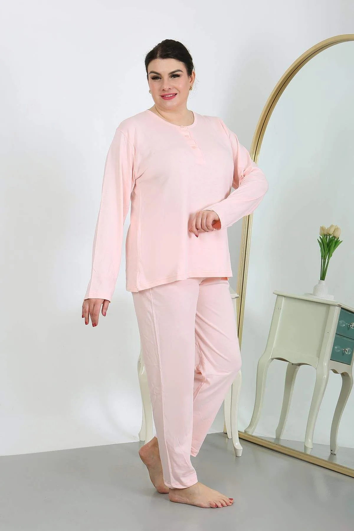 Kadın Büyük Beden Uzun Kol Penye Pijama Takımı Pembe 202501