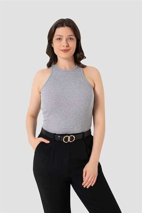 Kadın Pamuklu Fitilli Görünümlü Halter Yaka Basic Gri Atlet