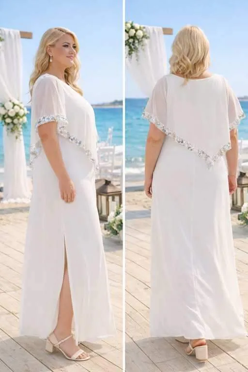 Büyük Beden Nikah Elbisesi Beyaz Pelerin Kol Detaylı Uzun Abiye Elbise KL3119