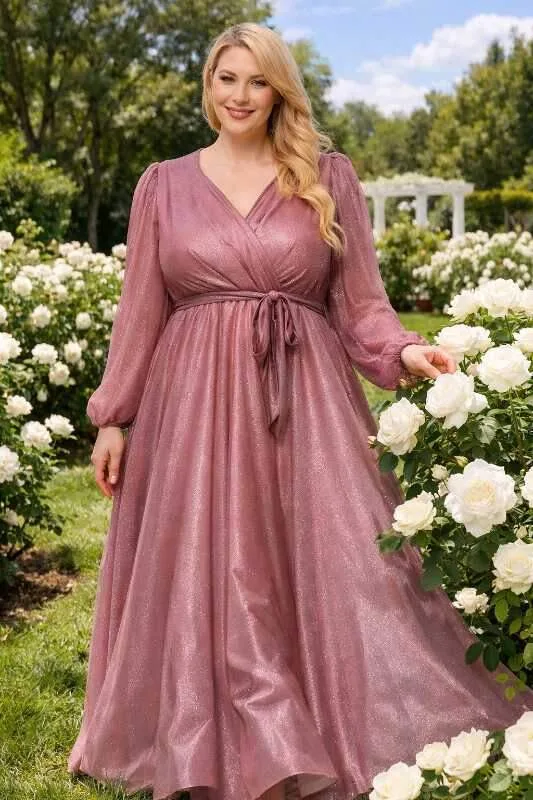 Büyük Beden Simli Uzun Kollu Abiye Elbise Pudra KL3047