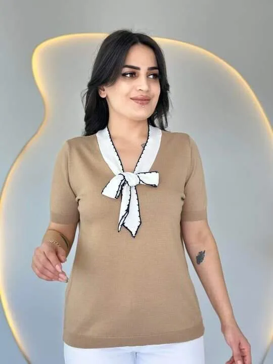 Kadın Kısa Kollu V Yaka Fular Detay Merserize Triko Bluz