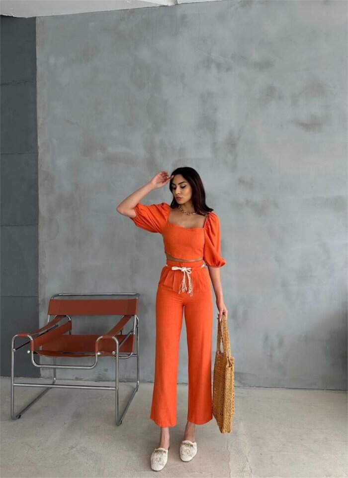 Keten Crop Karpuz Kol Bluz-Pantolon Hasır Kemerli - Turuncu