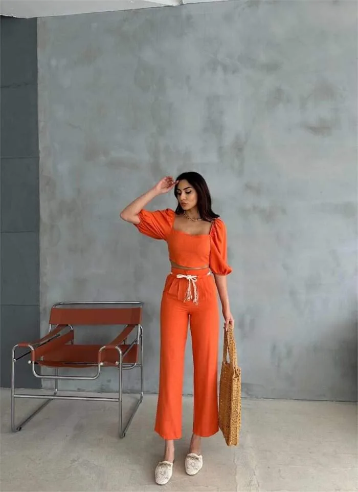 Keten Crop Karpuz Kol Bluz-Pantolon Hasır Kemerli - Turuncu