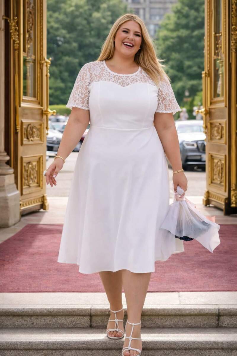 Büyük Beden Beyaz Güpür Detaylı Rahat Kollu Kısa Nikah Elbisesi (40–62) KL3045