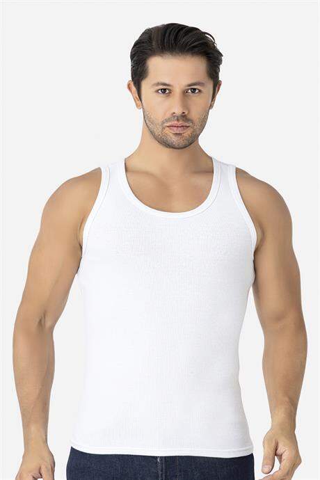 Erkek Beyaz Fitilli Atlet Pamuklu Likralı Kaşkorse Halter Yaka Slim Fit Atlet