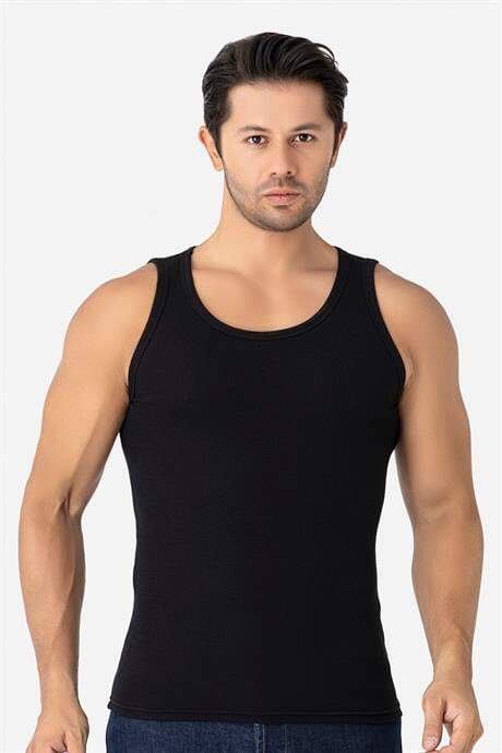 Erkek Siyah Fitilli Atlet Pamuklu Likralı Kaşkorse Halter Yaka Slim Fit Atlet