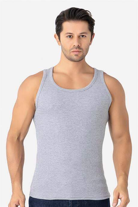 Erkek Gri Fitilli Atlet Pamuklu Likralı Kaşkorse Halter Yaka Slim Fit Atlet