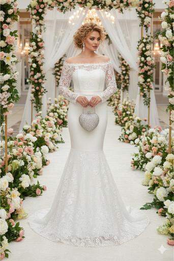 Büyük Beden Güpür Dantel Yaka Lastikli Ayarlanabilir Balık Nikah Elbisesi (40–50) ND4022