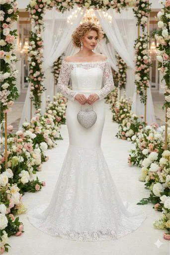 Büyük Beden Güpür Dantel Yaka Lastikli Ayarlanabilir Balık Nikah Elbisesi (40–50) ND4022