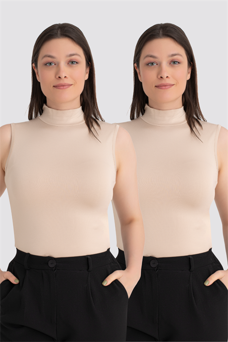Kadın Ten 2'li Kolsuz Body Balıkçı Yaka