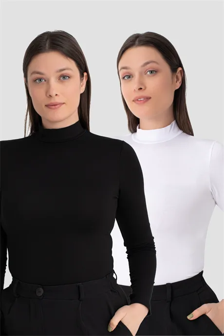 Kadın Beyaz - Siyah Balıkçı Yaka Uzun Kollu Body 2'li Paket