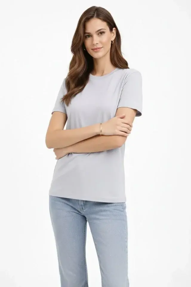 Bisiklet Yaka Tişört Regular Kalıp Basic Pamuklu Günlük Kullanım T-shirt - Gri