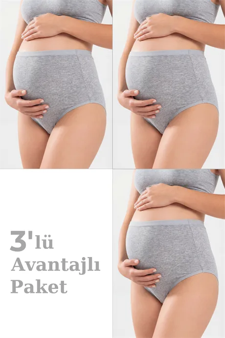 3'lü Paket Kadın Gri Pamuklu Likralı Yüksek Bel Hamile Lohusa Külot Esnek ve Rahat Kumaş
